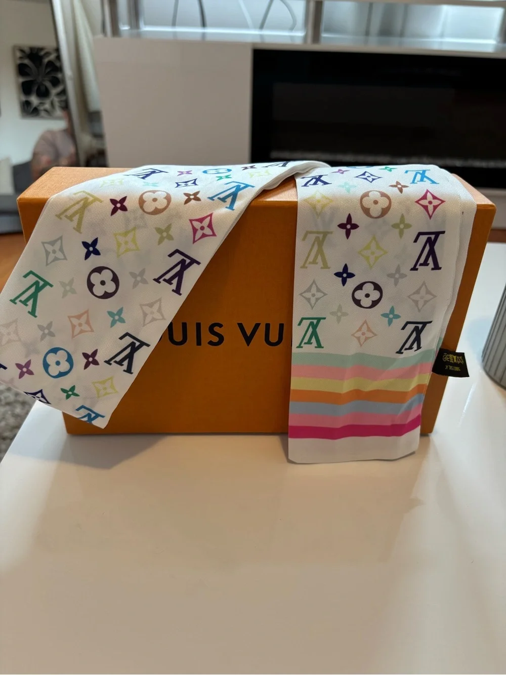 Louis Vuitton White Multicolor Monogram Twilly Scarf